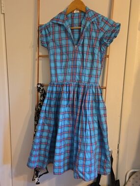 Bernie Dexter Blue Plaid Midi Dress with Collar